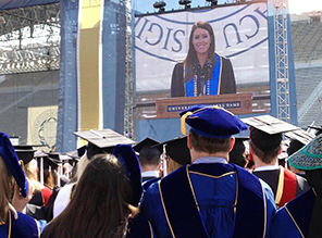 Valedictorian Mallory Meter on video screen at 2013 Commencement