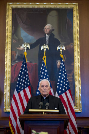 University President Emeritus Rev. Theodore M. Hesburgh, C.S.C., speaks during a reception in the U.S. Capitol