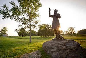 A statue of Rev. William Corby, C.S.C., stands in Gettysburg, Pa.