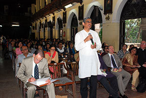 Rev. Frazer Mascarenhas, S.J., head of St. Xavier's, talks during a Q&amp;A session at St. Xavier's in Mumbai