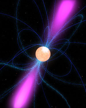 Illustration of dark matter falling into a neutron star, forming a black hole and radiating out (Courtesy of NASA)