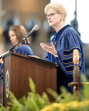 Jane Dammen McAuliffe, director of the John W. Kluge Center at the Library of Congress, gives the Commencement address at the Graduate School Commencement ceremony