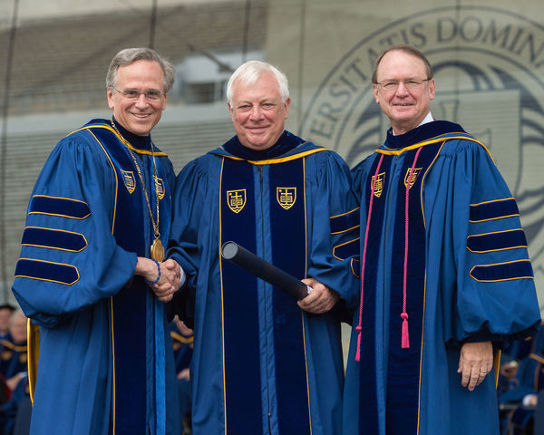 Oxford University Chancellor Christopher Patten receives an honorary doctorate from Father Jenkins, C.S.C., left, and Board of Trustees Chairman Richard Notebaert