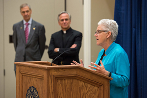 Gina McCarthy, administrator of the U.S. Environmental Protection Agency, speaks at a news conference at the Morris Inn