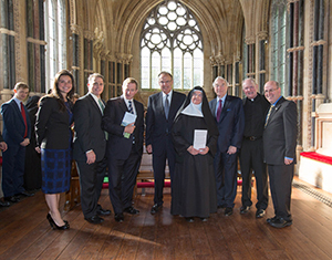 From left: Lisa Caulfield, Warren von Eschenbach, Enda Kenny, Nicholas Entrikin, Abbess Maire Hickey, Martin Naughton, Rev. Tim Scully and Kevin Whelan at the commencement of work at Kylemore Abbey