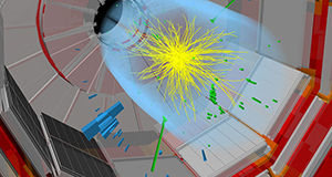 Image from CERN of the CMS detector illustrates one of the proton collisions that may have produced a mysterious particle