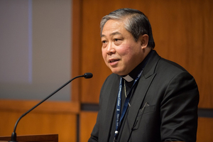 Archbishop Bernardito Auza, Permanent Observer of the Holy See to the United Nations prepares to give the keynote address at the Center for Ethics and Religious Values in Business conference