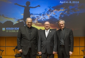 Rev. John I. Jenkins, C.S.C., president (right), with panelists Most Rev. Marcelo Sánchez Sorondo (left) and Scott Appleby, Dean of the Keough School, before the inaugural conference "For the Planet and the Poor"