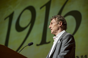 Narrator Liam Neeson gives opening remarks at the gala premiere of the documentary "1916: The Irish Rebellion" at Notre Dame