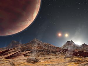 Artist's rendition of the view from a hypothetical moon in orbit around a three-star system