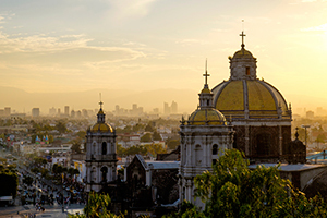 Scenic view at Basilica of Guadalupe with Mexico City skyline