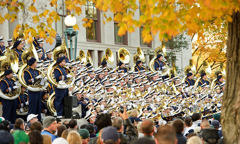 The Notre Dame Marching Band performs its pregame Concert on the steps at Bond Hall