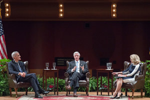Denis McDonough and Andrew Card speak with moderator, Maura Policelli during the Notre Dame Forum: “Views from the West Wing: How Global Trends Shape U.S. Foreign Policy”