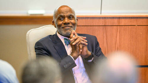 Justice Alan Page takes questions during a Q&A at a Klau Center event at the Notre Dame Law School. (Photo by Matt Cashore/University of Notre Dame)