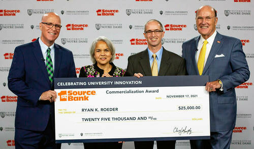 Bryan Ritchie, vice president and the Cathy and John Martin Associate Provost for Innovation; Marie Lynn Miranda, the Charles and Jill Fischer Provost; Ryan K. Roeder, professor of aerospace and mechanical engineering; and Christopher J. Murphy III, chairman of the board and CEO, 1st Source Bank