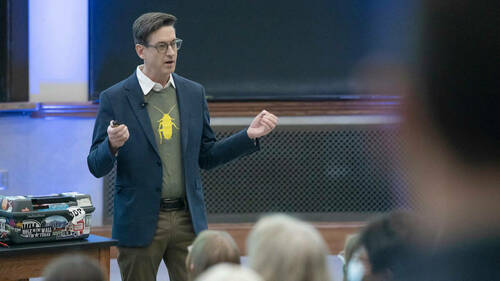 Greg Gage delivers a lecture titled  “Neuroscience for Everyone.” (Photo by Evan Cobb/University of Notre Dame)