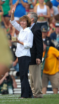 Beth Holtz is recognized on the field at Notre Dame Stadium on Sept. 3, 2011