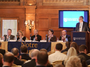 Former U.S. Ambassador to India Tim Roemer makes opening remarks before the first panel discussion at the Notre Dame Forum on Global Development in Washington D.C.