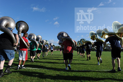 Members of the Notre Dame Marching Band march onto Stepan Field during move in day