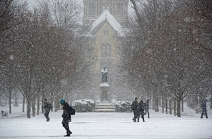 Students walk across the Main Quad during class change