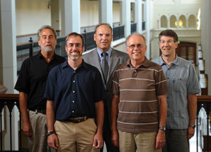 Notre Dame high energy physicists, left to right, Mitch Wayne, Kevin Lannon, Colin Jessop, Randy Ruchti, Mike Hildreth and Nancy Marinelli (not pictured) worked with a number of international collaborators on the search for the Higgs boson