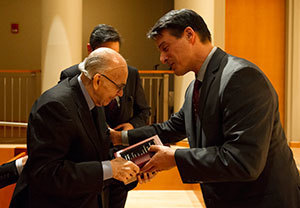 José Antonio Abreu, left, receives the final Notre Dame Prize for Distinguished Public Service in Latin America from Paolo Carozza