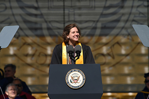 Abby Davis delivers the valedictory address at the 2016 University Commencement Ceremony