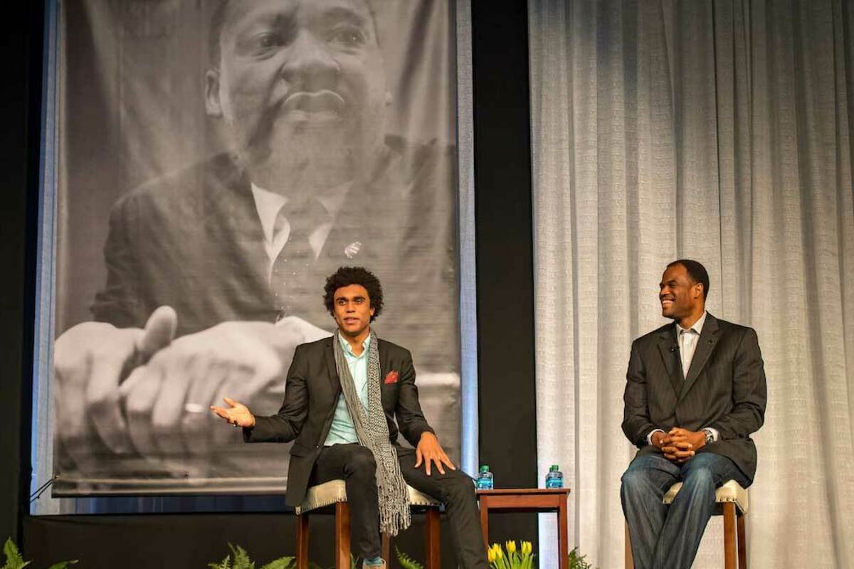 Corey Robinson ’17 and his father, philanthropist and former NBA star David Robinson engage in a discussion and Q&A as the keynote speakers at the 2018 MLK Luncheon.