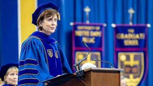Louise Richardson, vice-chancellor of Oxford University, delivers the commencement address at the Graduate School Commencement ceremony in the Compton Family Ice Arena.