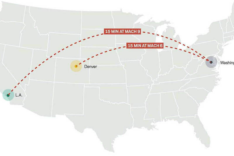 Map of the United States showing distance from Washington, D.C. to Denver and L.A.