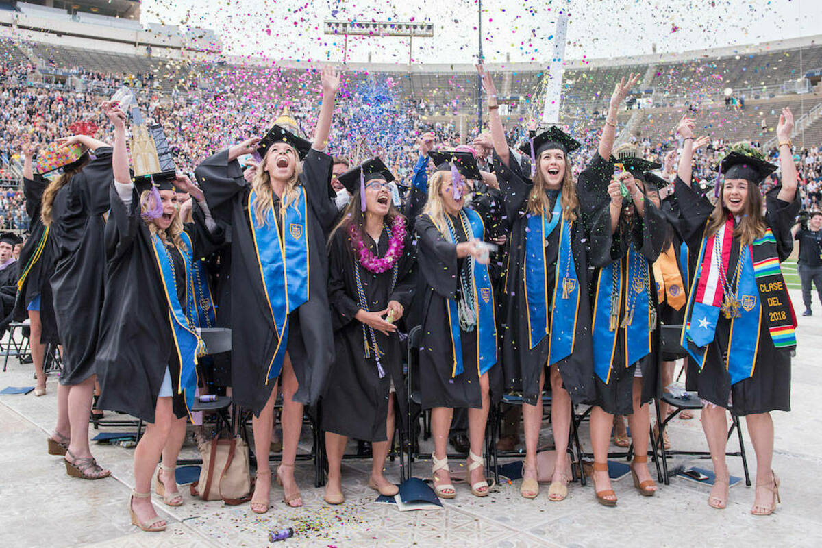 Women celebrate at the University of Notre Dame Commencement ceremony. Photo by Barbara Johnston/University of Notre Dame.