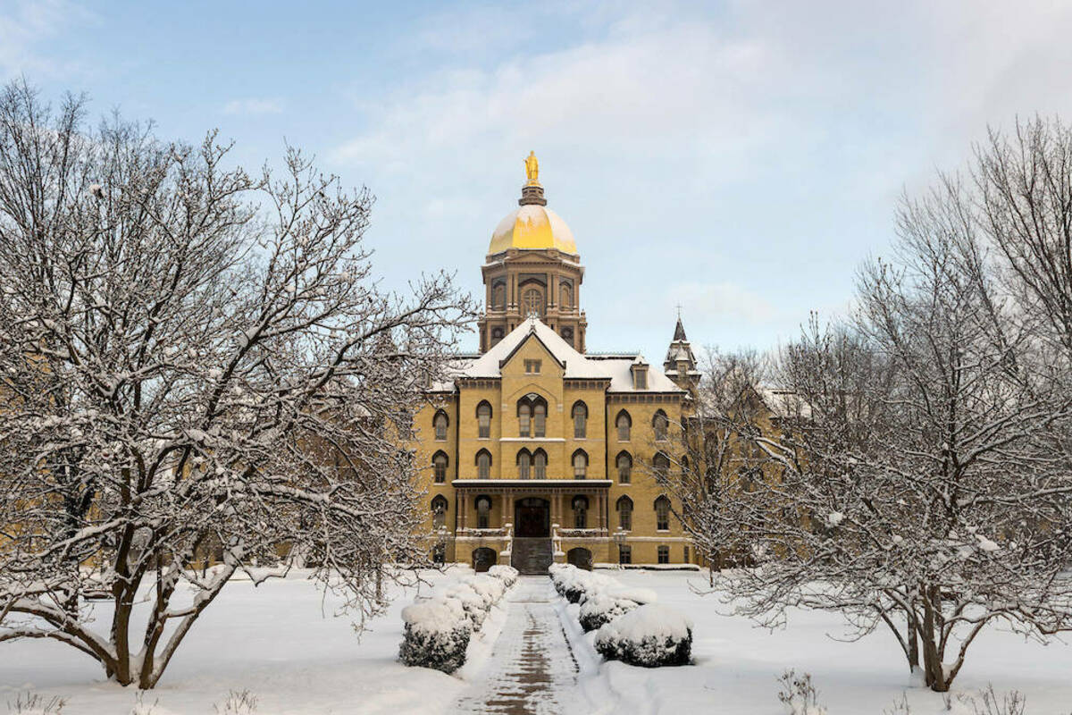 Main Building after a snow shower. Photo by Barbara Johnston/University of Notre Dame.