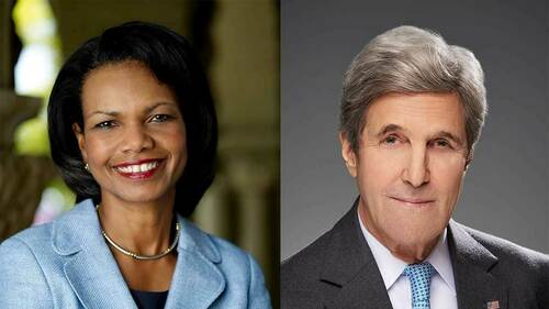 Former Secretaries of State Condoleezza Rice and John Kerry