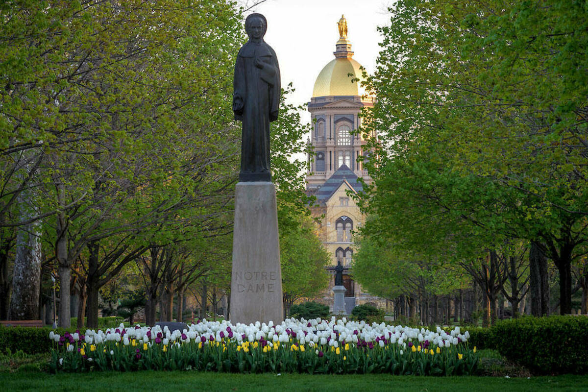 Statue of Our Lady of the University in the main circle. Photo by Matt Cashore/University of Notre Dame.