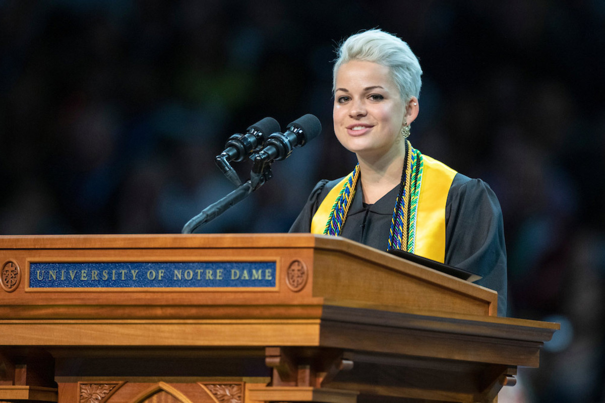 Sofia Carozza, valedictorian of the 2019 graduating class, delivers the valedictory address during the University Commencement ceremonies in the Notre Dame Stadium. Photo by Barbara Johnston/University of Notre Dame.