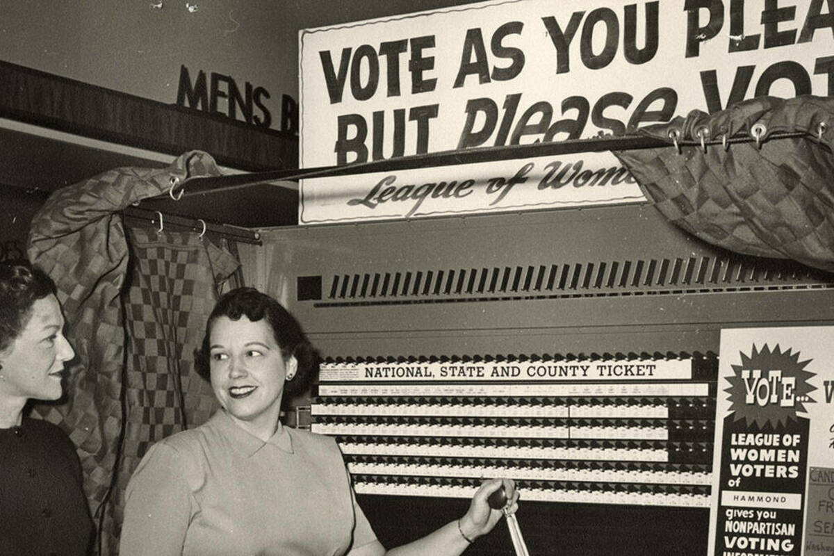 Voting Booth League Of Women Voters. Photo provided by Indiana Historical Society, M0612.