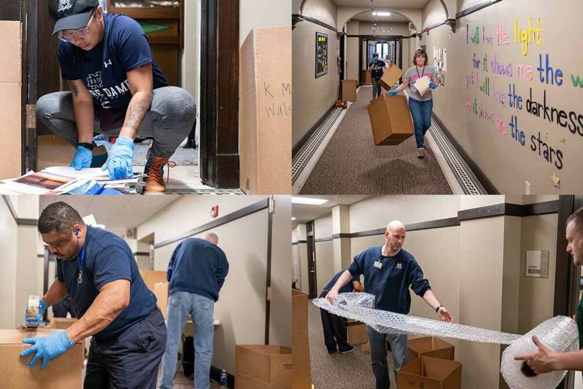 Notre Dame staff pack up student books and other requested items needed for the remote classes announced as a response to the COVID19 outbreak. Photo by Matt Cashore/University of Notre Dame.