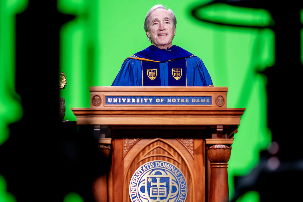University of Notre Dame Board of Trustees Chair Jack Brennan offers an opening prayer during the 2020 Degree Conferral Ceremony in Notre Dame Studios. Photo by Matt Cashore/University of Notre Dame.