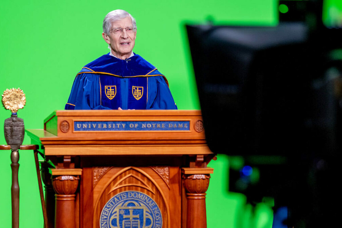 University of Notre Dame Provost Thomas Burish welcomes the virtual audience to the 2020 Degree Conferral Ceremony. Photo by Matt Cashore/University of Notre Dame.