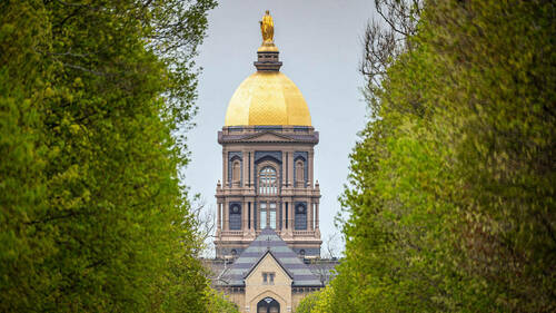 Main Building framed by Notre Dame Avenue trees. Photo by Matt Cashore/University of Notre Dame.