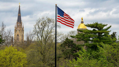 The Basilica, US flag and Main Building. Photo by Barbara Johnston/University of Notre Dame