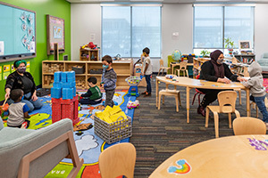 Teachers Meli Bandera and Samantha Musleh (right) from Ameri Corps work with students in the new preschool space at the Robinson Community Learning Center. (Photo by Barbara Johnston/University of Notre Dame)