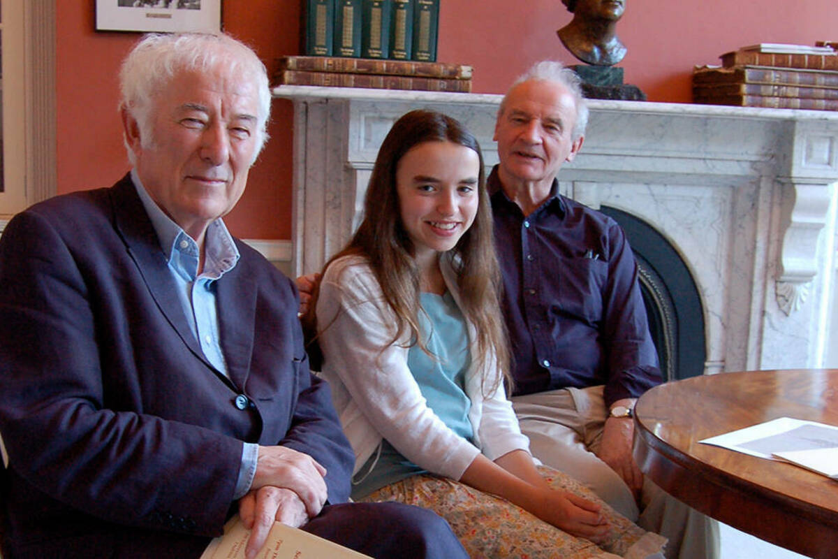 Seamus Deane and his daughter Iseult (right), with Deane's longtime friend and fellow poet Seamus Heaney (foreground) at O'Connell House, Notre Dame's gateway in Dublin.