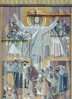 The Word of Life Mural on Hesburgh Library undergoes repair and maintenance