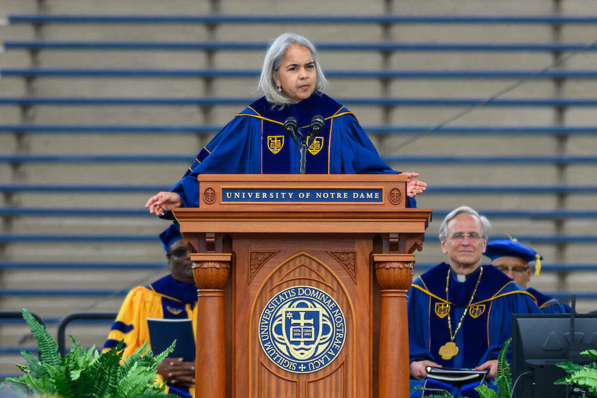 Provost Marie Lynn Miranda speaks at the 2021 Graduate School Commencement Ceremony. (Photo by Matt Cashore/University of Notre Dame)