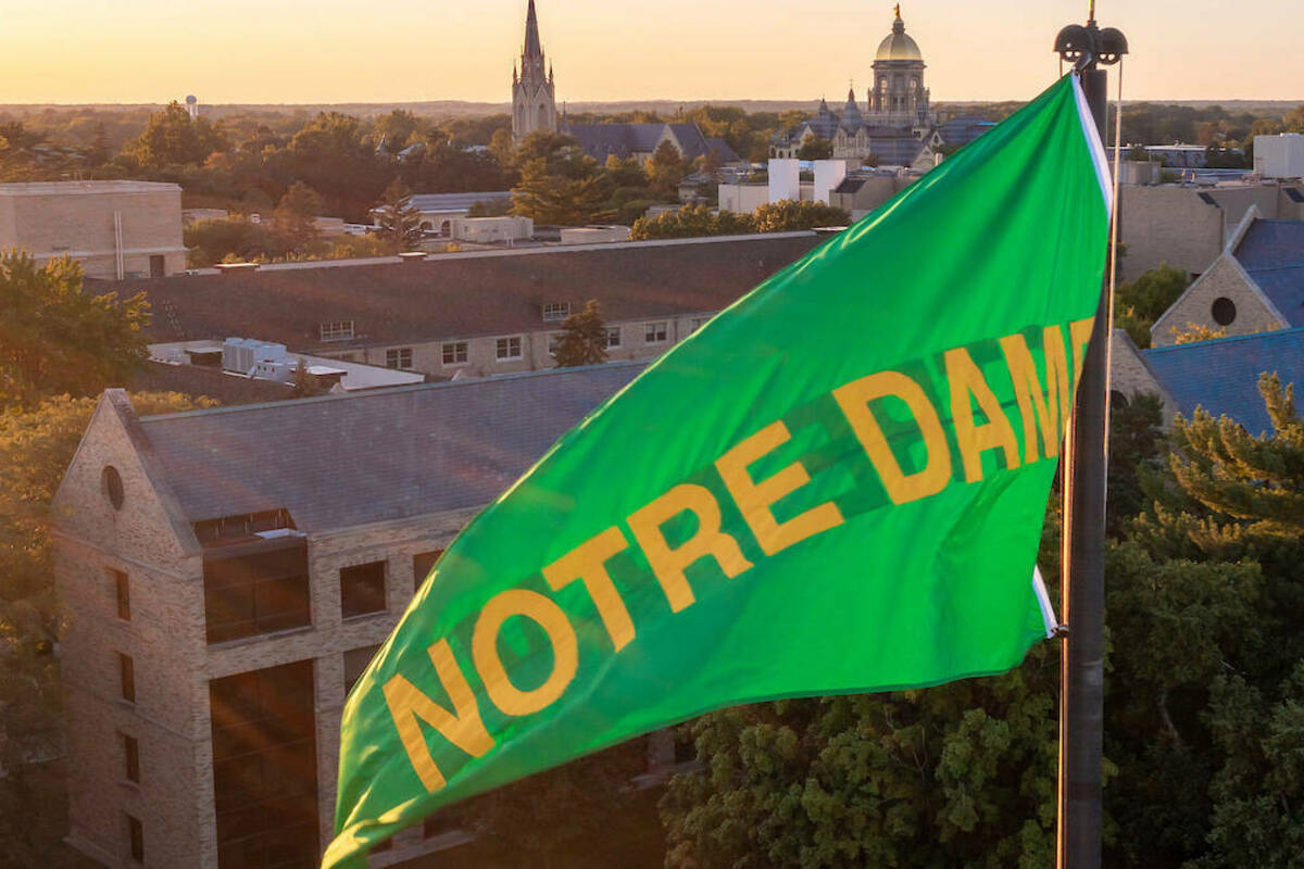 Green Notre Dame pennant over the north end of Notre Dame Stadium (Photo by Matt Cashore/University of Notre Dame)