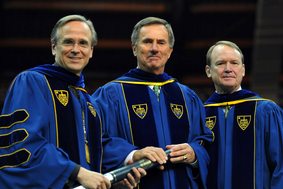 Notre Dame Trustee Fritz Duda (center) received an honorary degree in 2009 from President Rev. John I. Jenkins, C.S.C., (left) and then-Board chair Richard Notebaert