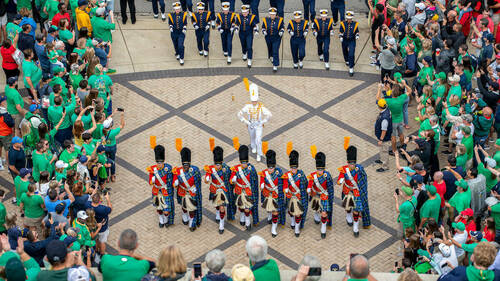 The Irish Guard leads the Notre Dame Marching Band into Notre Dame Stadium. (photo by Matt Cashore/University of Notre Dame)