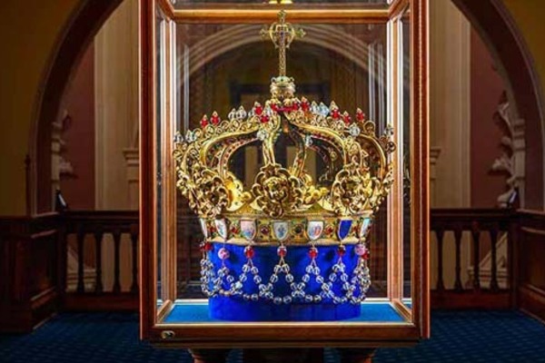 The Crown of the Blessed Virgin  is displayed in the 5th floor elevator lobby in the Main Building