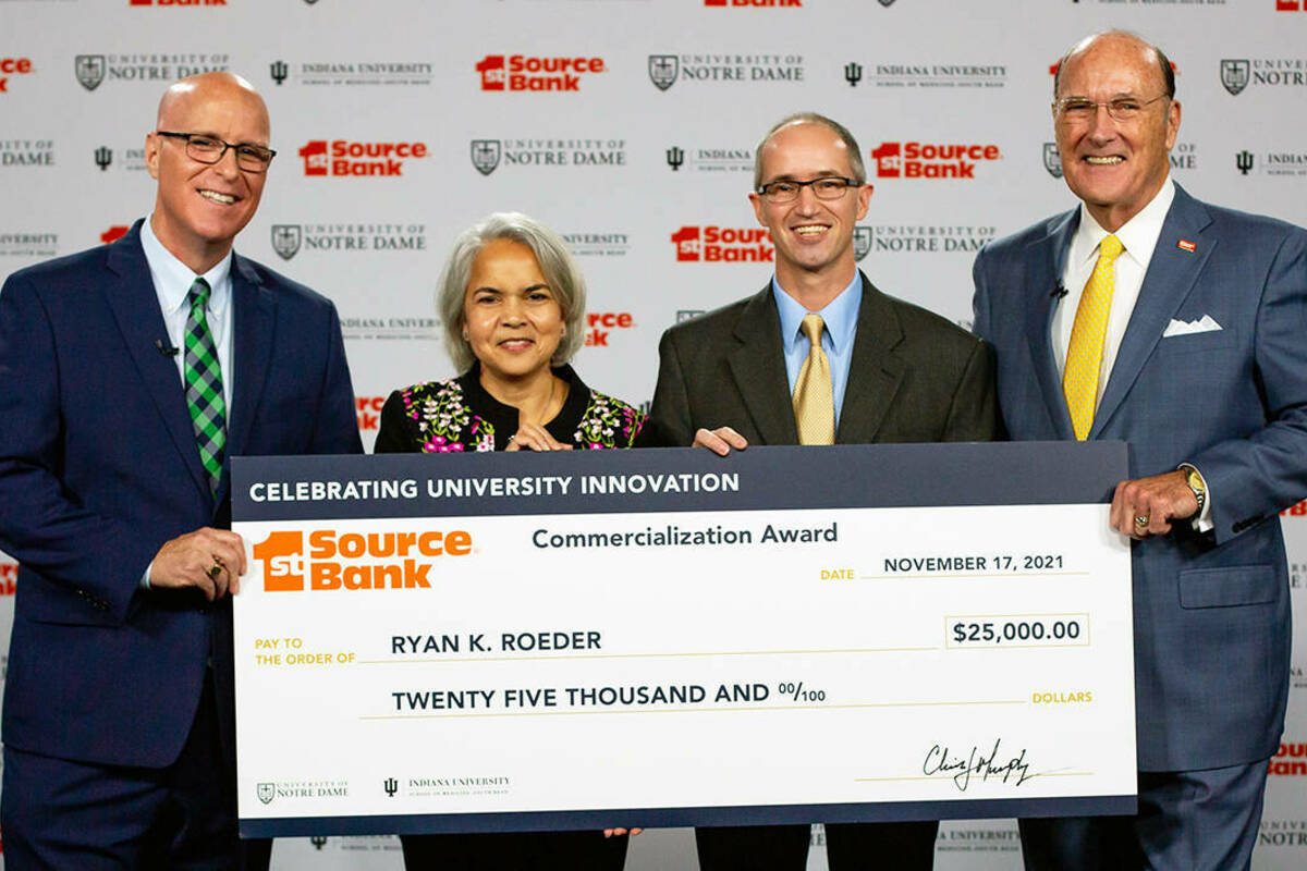Bryan Ritchie, vice president and the Cathy and John Martin Associate Provost for Innovation; Marie Lynn Miranda, the Charles and Jill Fischer Provost; Ryan K. Roeder, professor of aerospace and mechanical engineering; and Christopher J. Murphy III, chairman of the board and CEO, 1st Source Bank